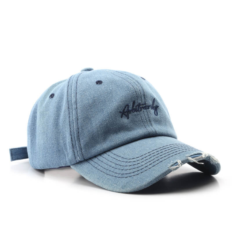 Design Your Own 6 Panel Ripped Denim Custom Embroidered Baseball Cap