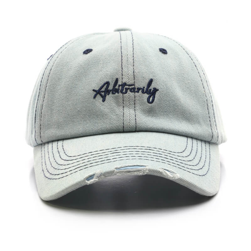 Design Your Own 6 Panel Ripped Denim Custom Embroidered Baseball Cap