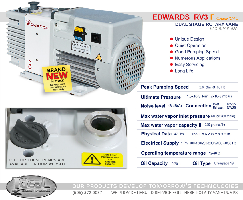 Ideal Vacuum Edwards RV3F Chemical Rotary Vane Dual Stage Mechanical