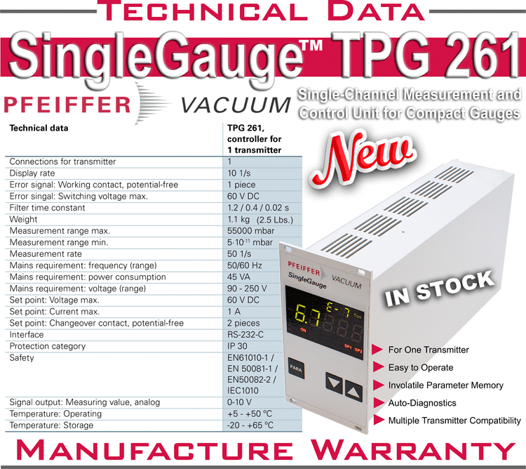 NEW Pfeiffer SingleGauge™ TPG 261 Single Channel Measurement & Control