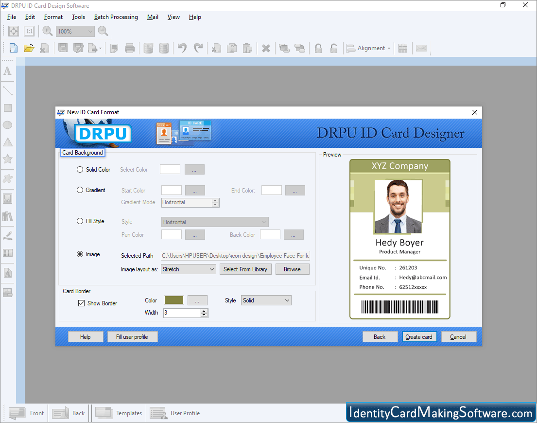 Screenshots of Identity Card Making Software to design ID card badges