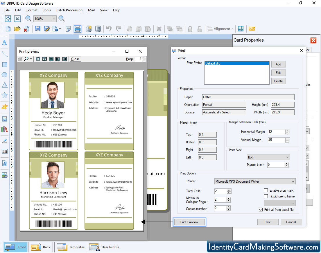 Screenshots of Identity Card Making Software to design ID card badges