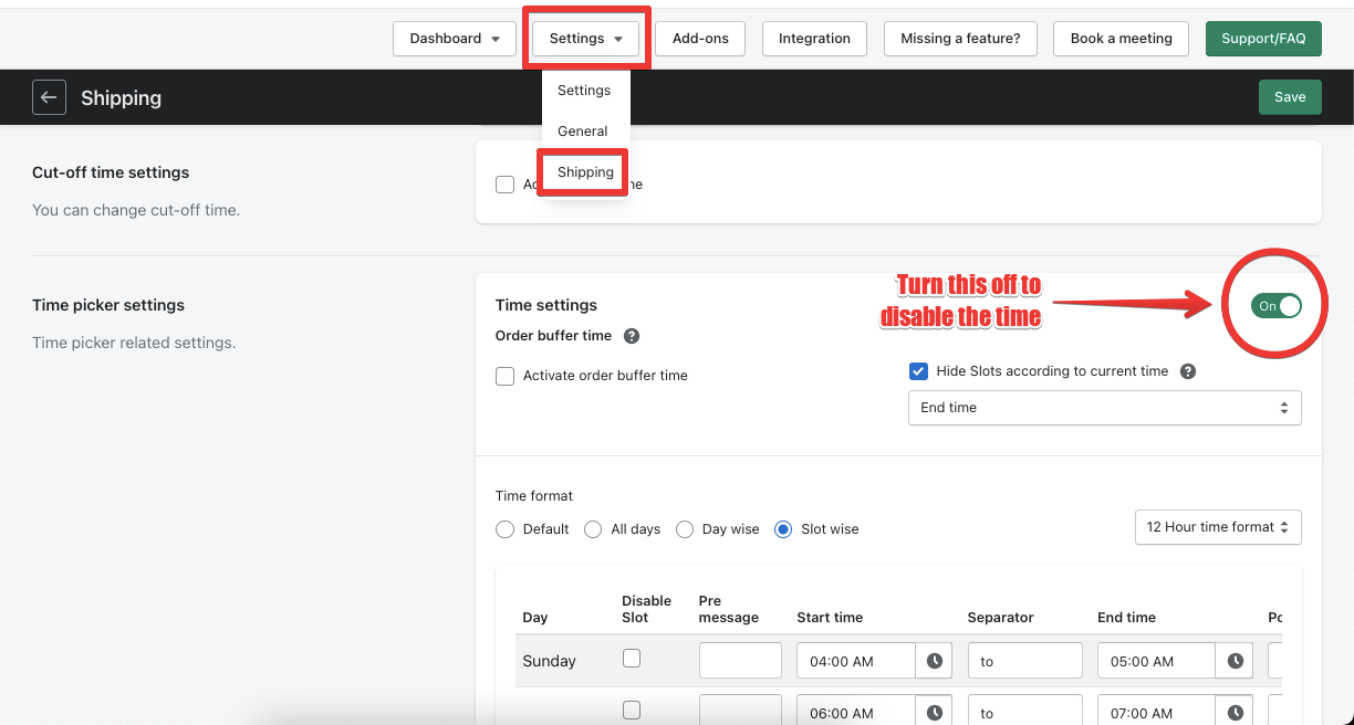 Disable delivery time Order Delivery Date Shopify App