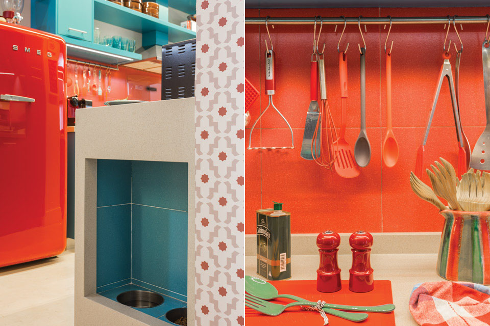 Vibrant Kitchen Design With Azure Blue And Red Orange Theme