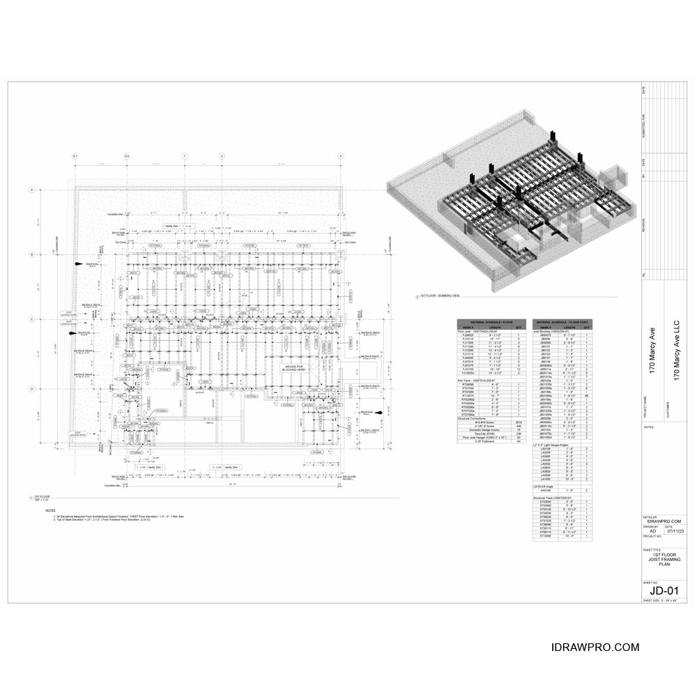 Floor Joist shop drawings with placement layout, details and material
