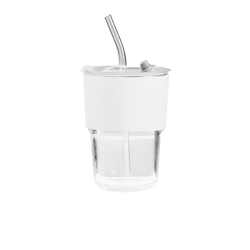 Stylish Clear Glass Cup With Leather Grip And Silicone Lid IFF