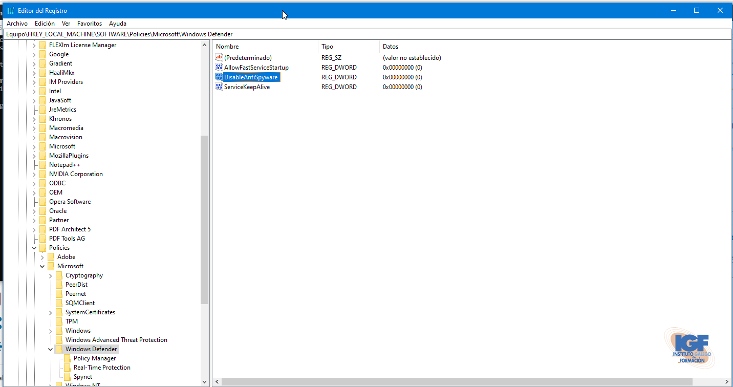 Corregir problema con Windows Defender modificar regedit - igf.es