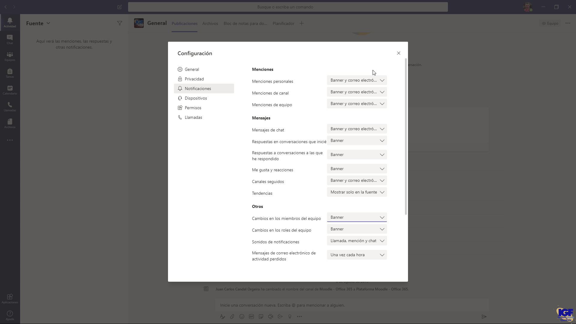 configurar Teams notificaciones - igf.es