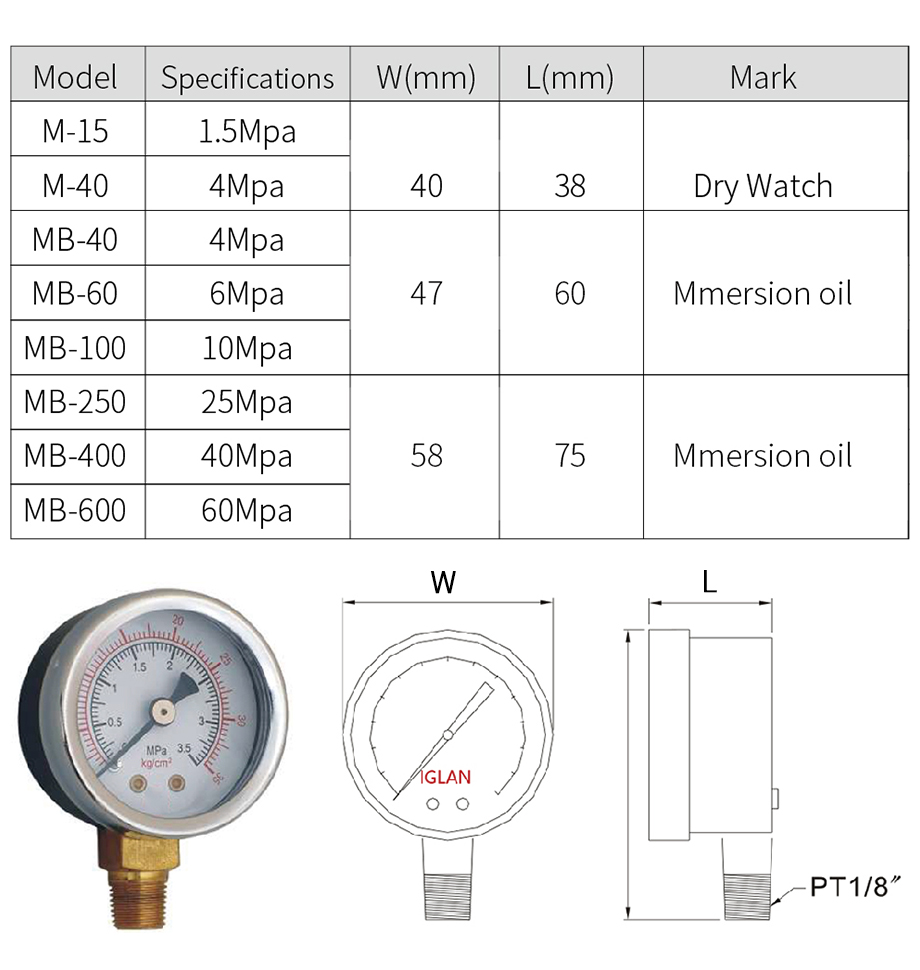Stainless Steel Oil Hydraulic MB60 Oil Aadial Pressure Gauge IGLAN