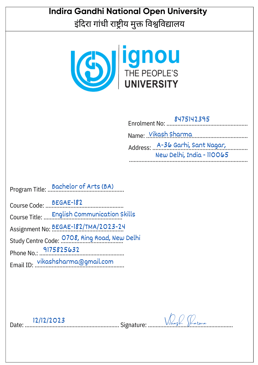 ignou assignment cover page pdf