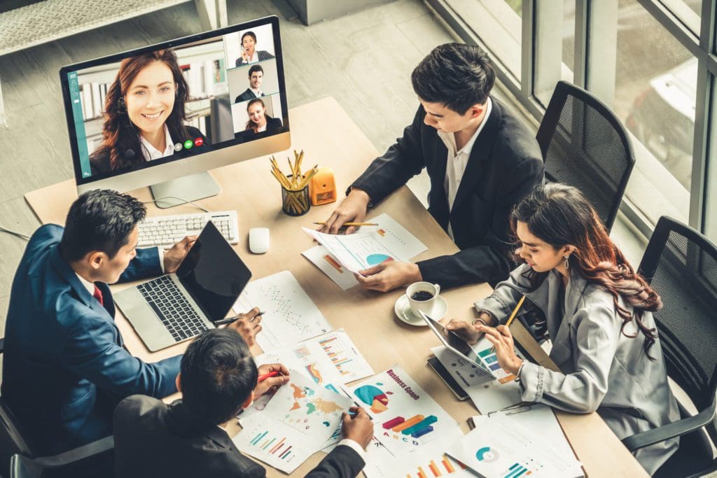 Video call group business people meeting on virtual