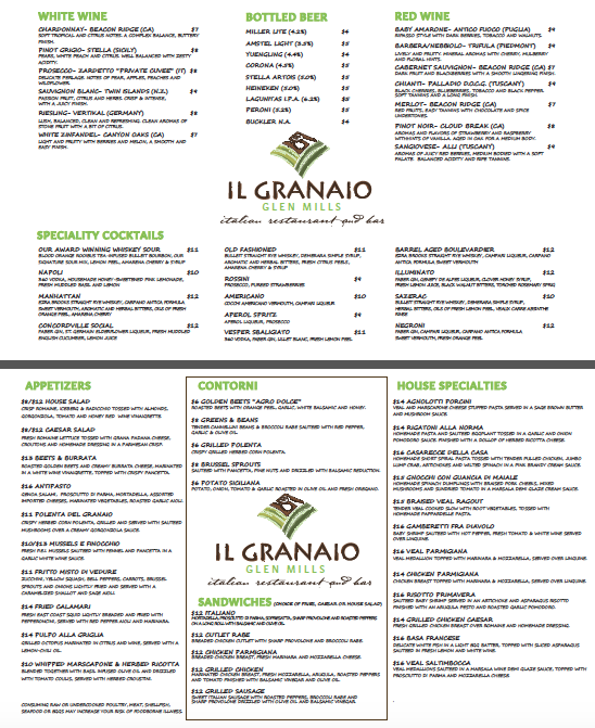Il Granaio Italian Restaurant Lunch Menu Glen Mills, PA