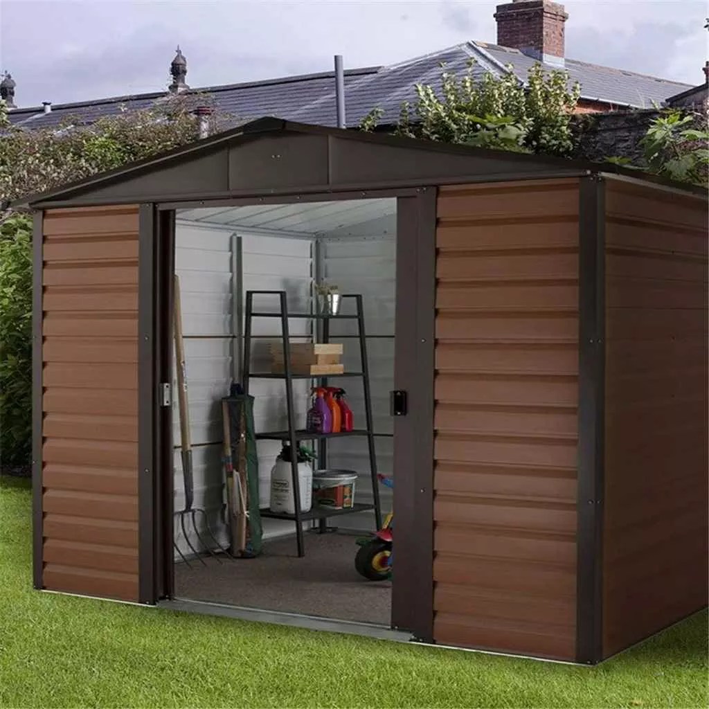 9' 4" x 11' 11" Woodgrain Metal Shed + FREE ANCHOR KIT (3.03m x 3.79m)