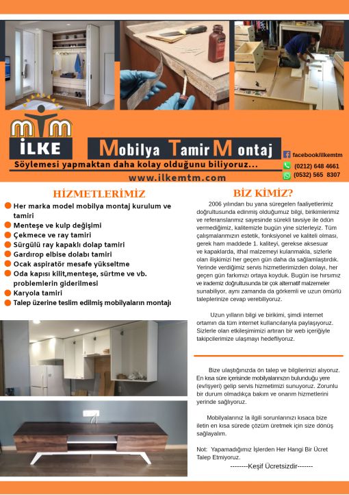 Avcılar Marangoz Mobilya Montaj Kurulum ve Tamir Servisi. İletişim