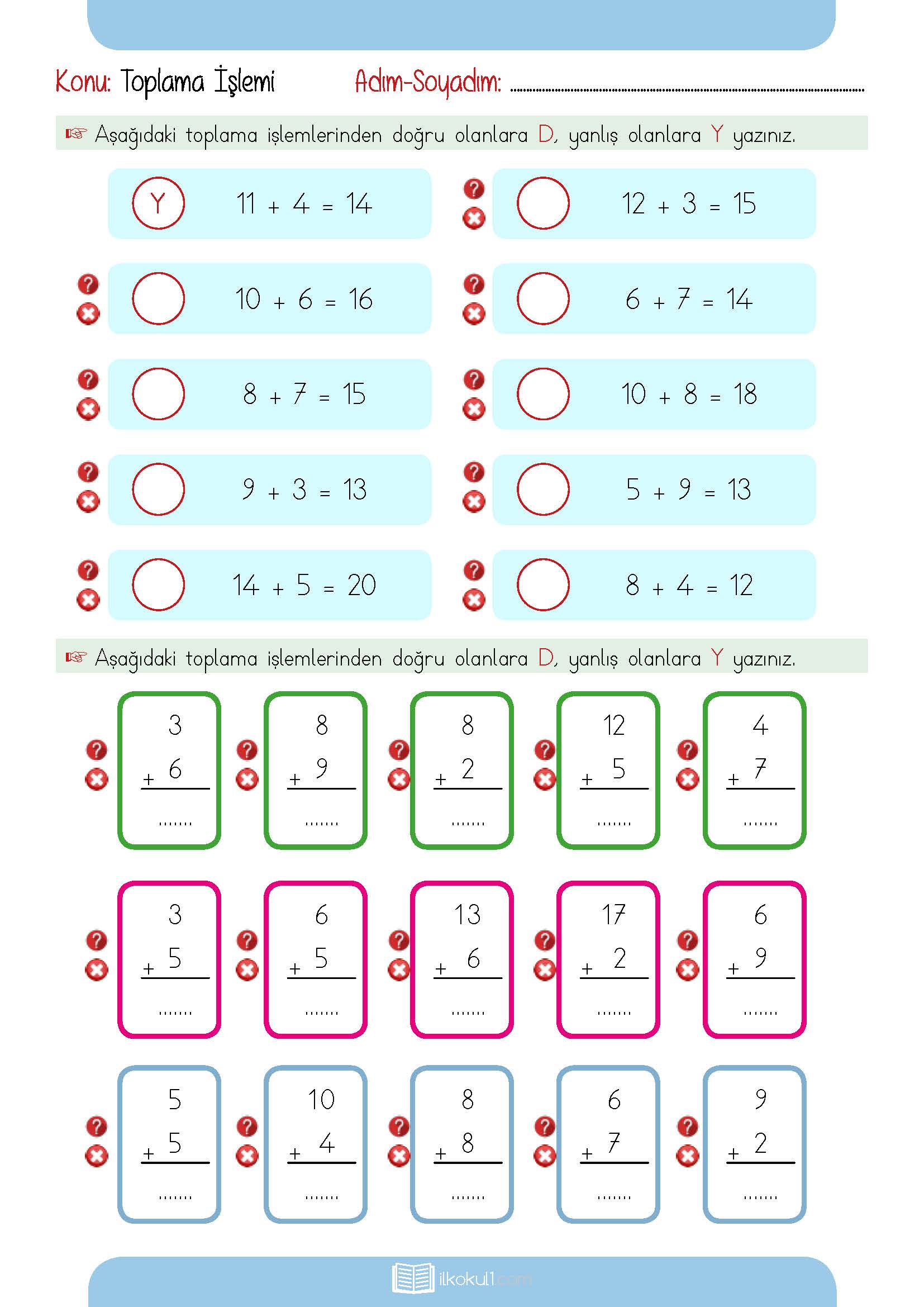 1. Sınıf Matematik Toplama İşlemi Etkinlik Sayfası Sınıf Öğretmenleri