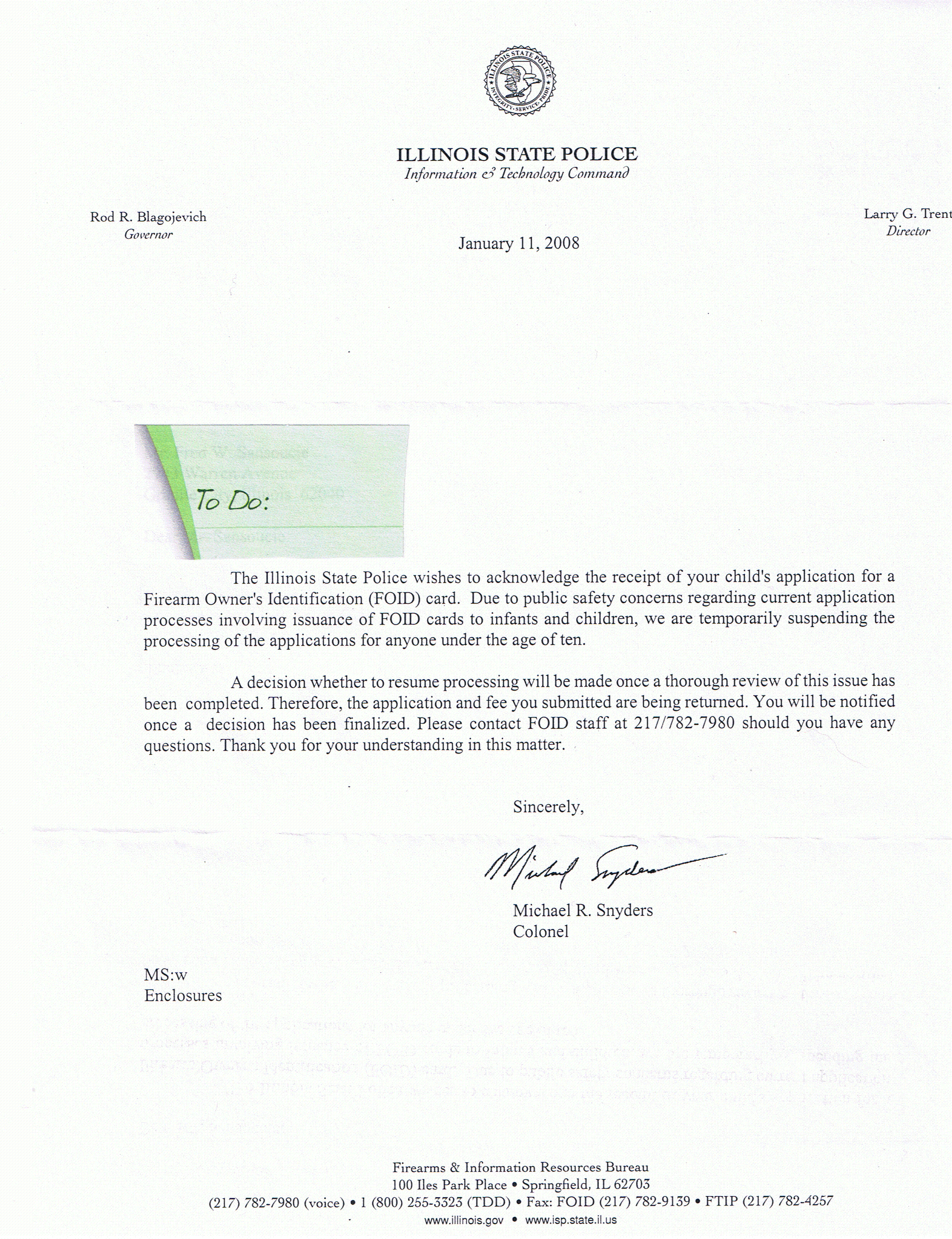 Letter from the ISP about FOID cards for minors Illinois Right to