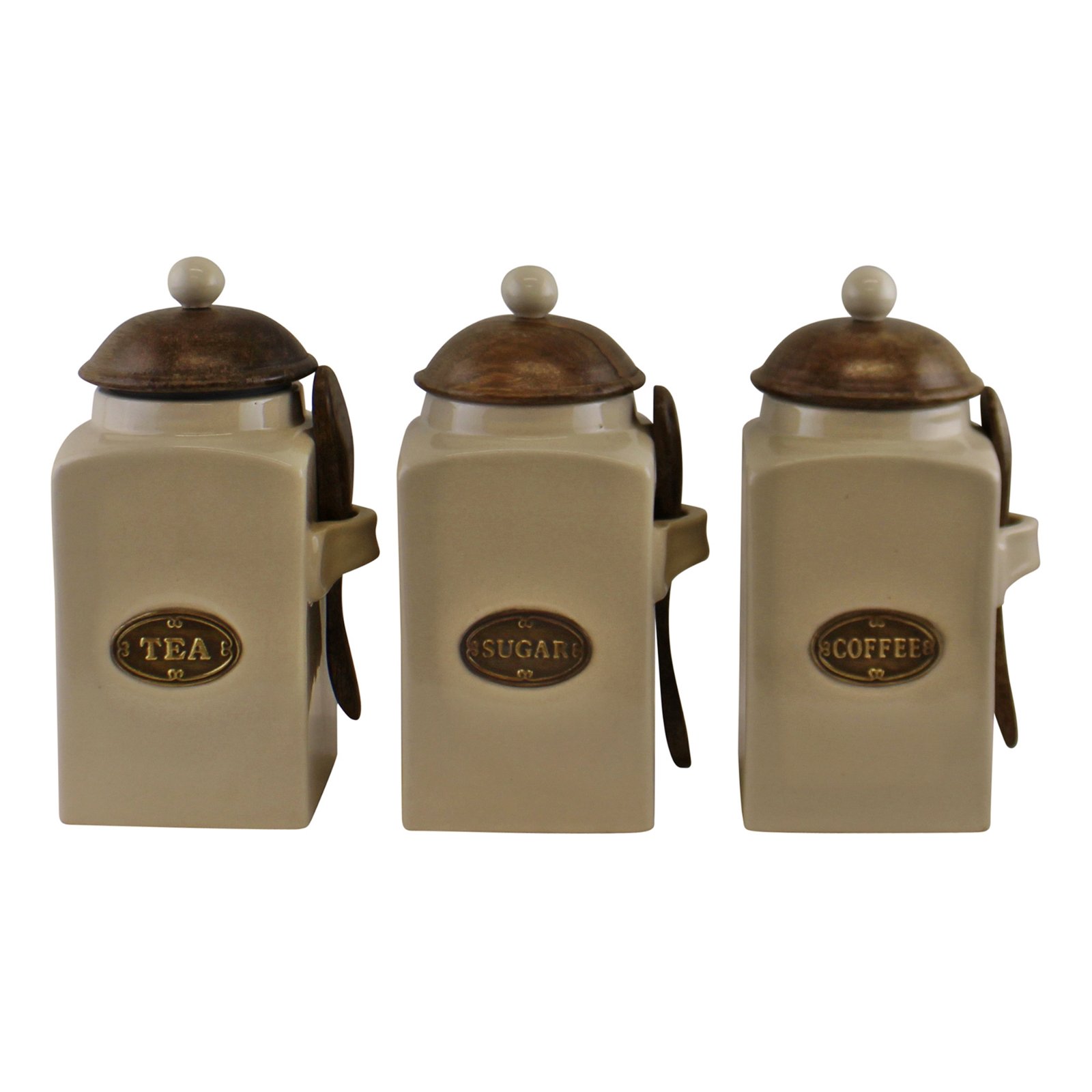 Farmhouse Ceramic Tea Coffee Sugar Canisters with Spoons I Love Decaf