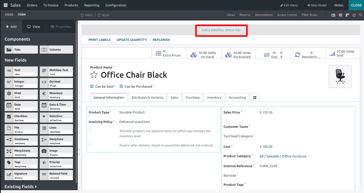 How to Add Status Bar in Product Form View Using Odoo 16 Studio?