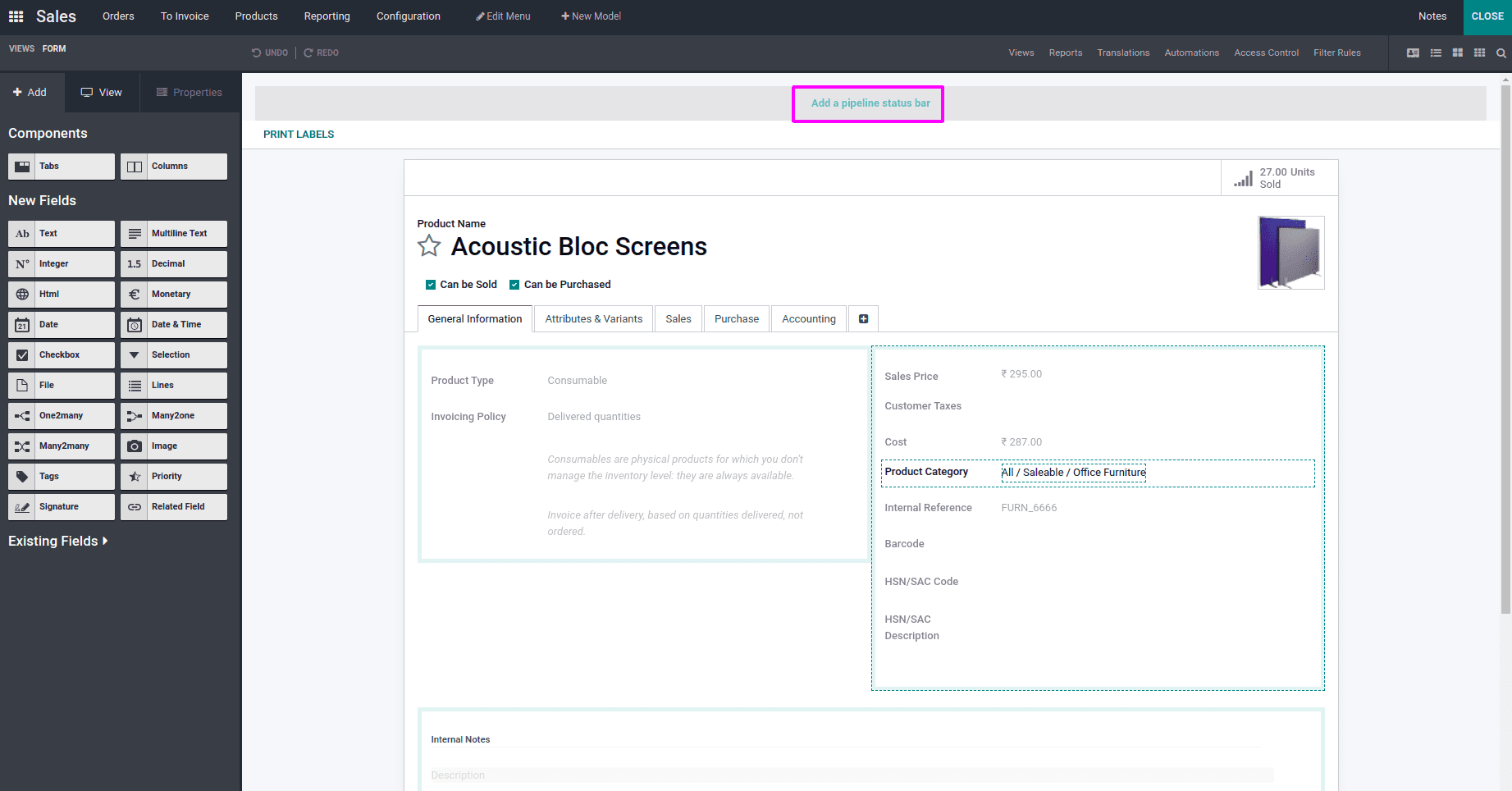 How to Add Status Bar in the Product Form View Using Odoo 15 Studio