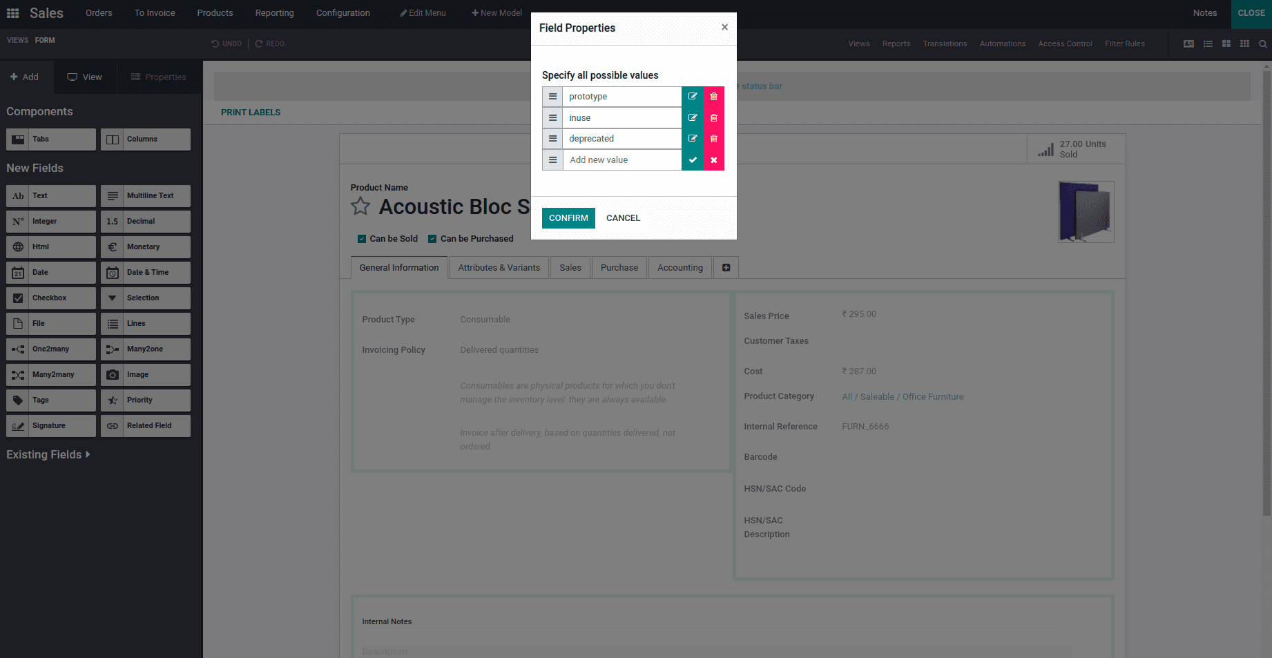 How to Add Status Bar in the Product Form View Using Odoo 15 Studio