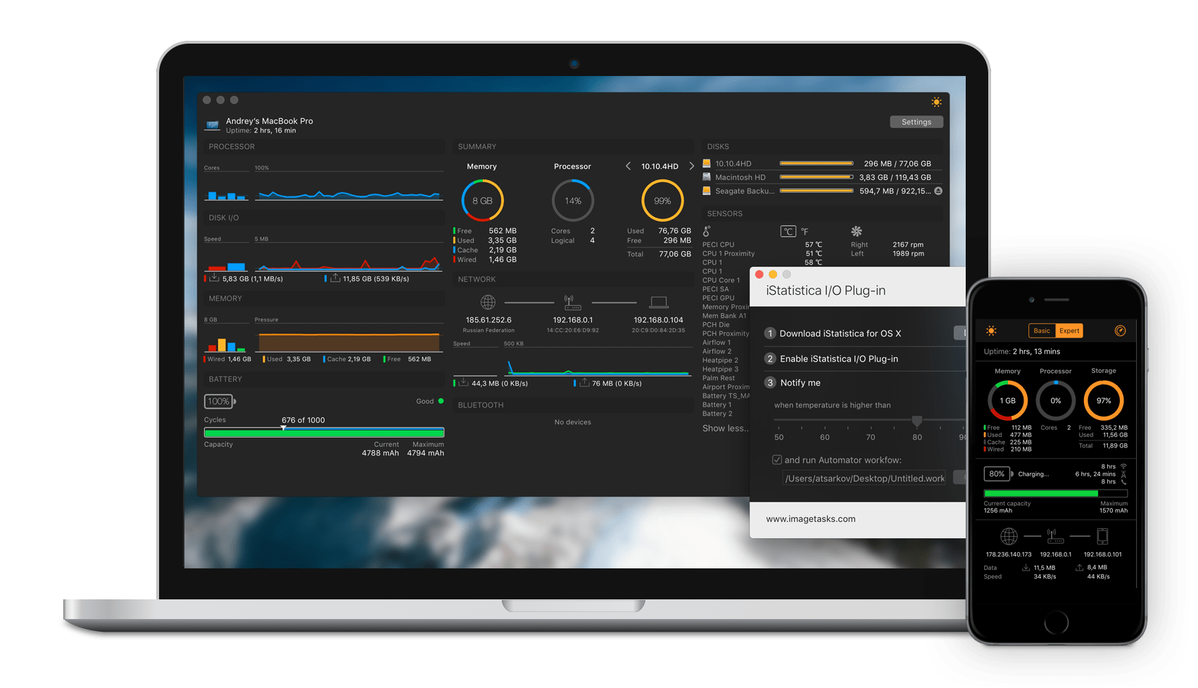 iStatistica System Monitor widget for macOS and iOS. CPU, Memory