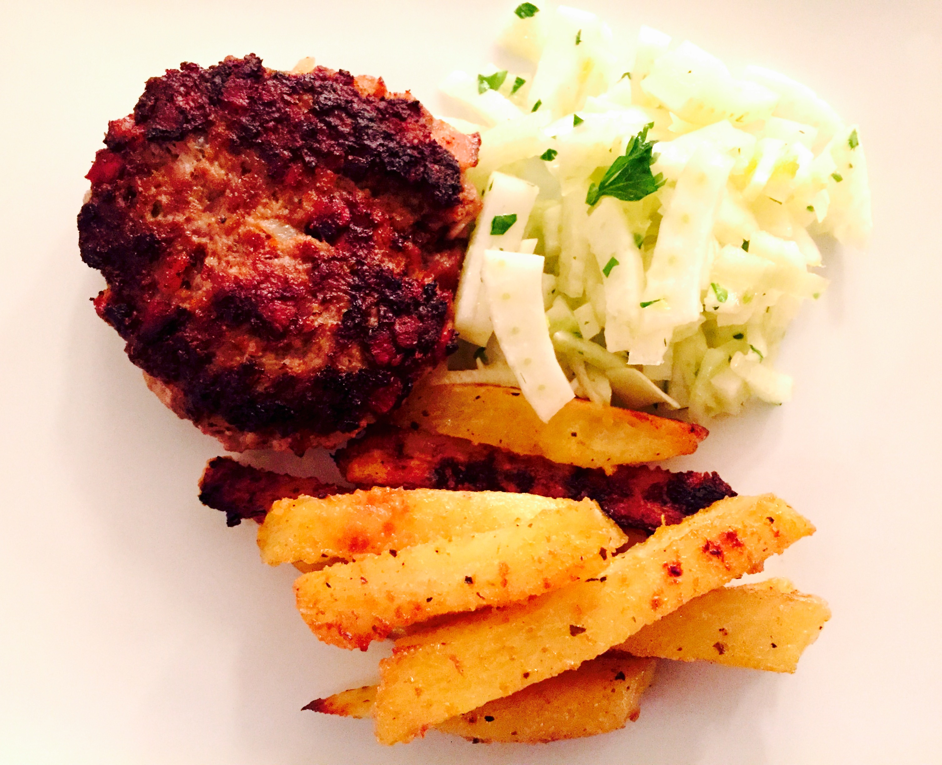 Ground Pork Burgers with Home Fries and Creamy Fennel Salad IMPULSIVE