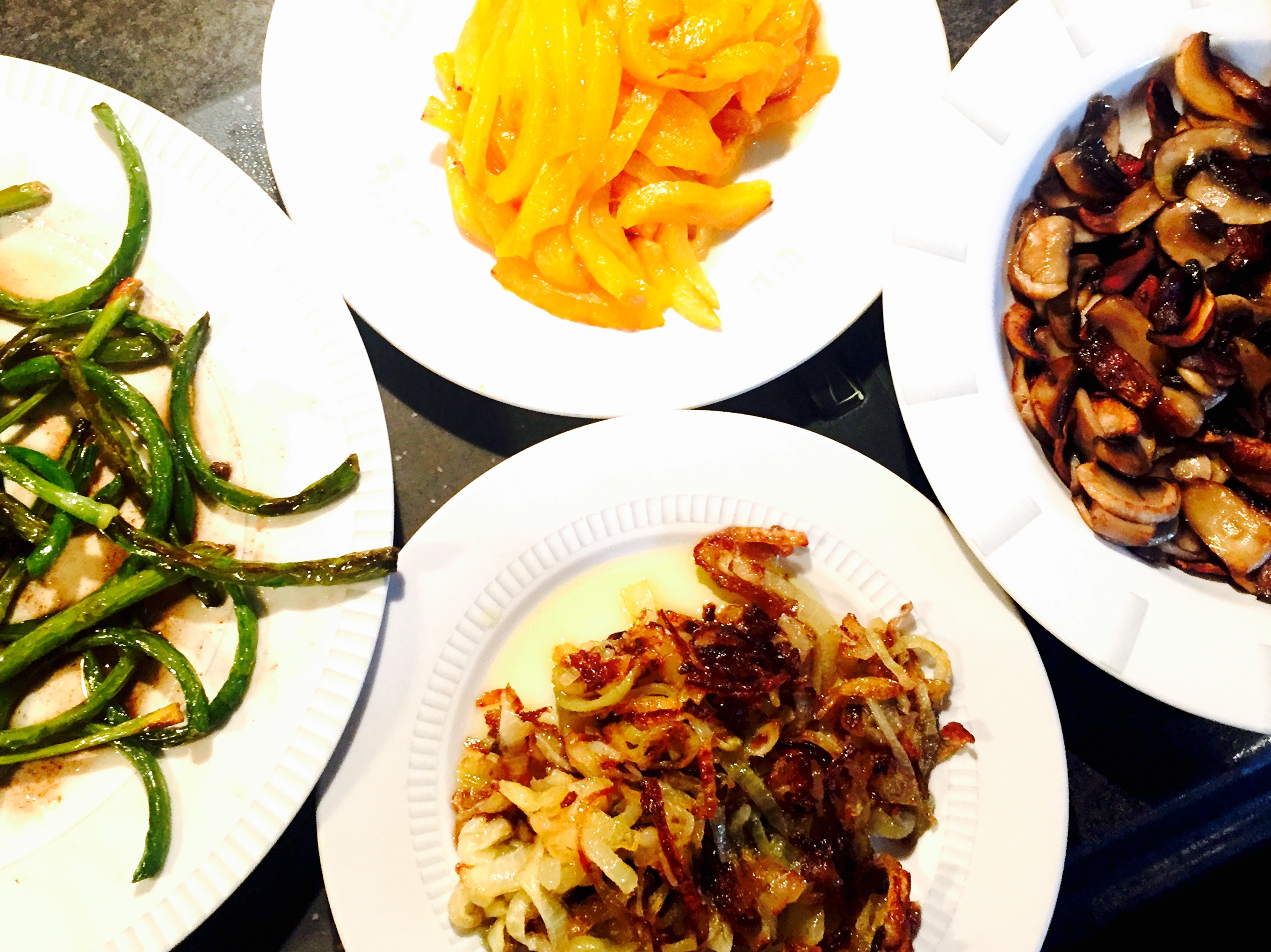 Roasted Peppers And Onions Au Gratin With Sauteed Garlic Scapes