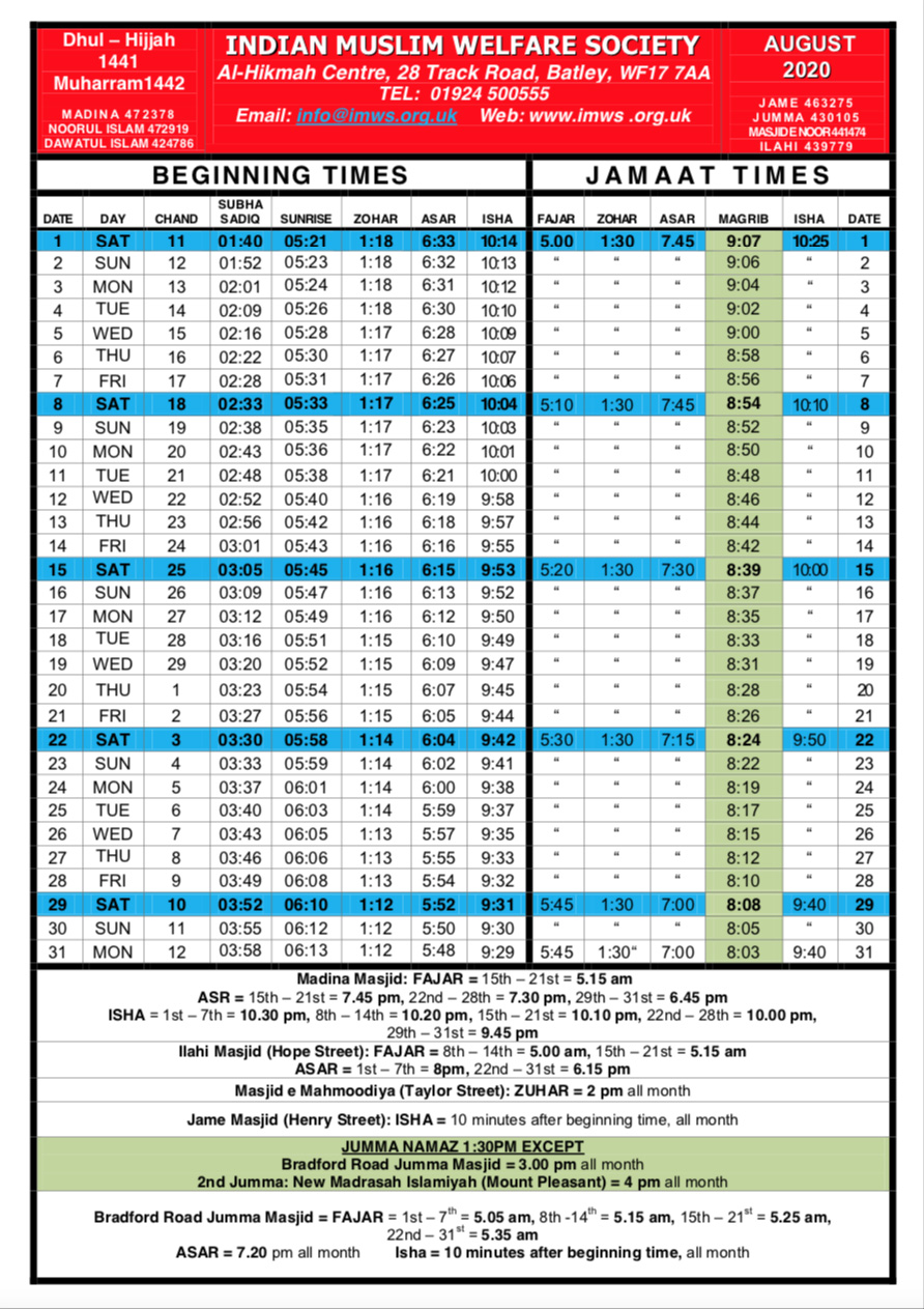 Namaz timetables August/Sept/Oct & November IMWS Indian Muslim