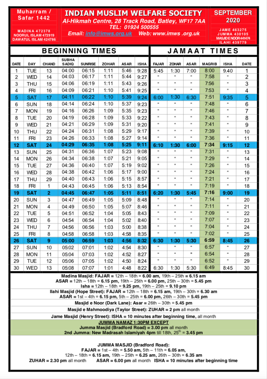 Namaz timetables August/Sept/Oct & November IMWS Indian Muslim