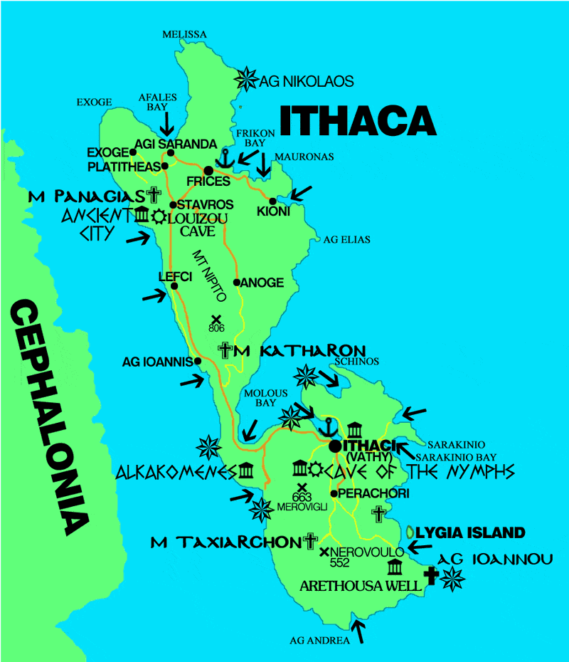 Ithaca, map of Ithaca island Greece