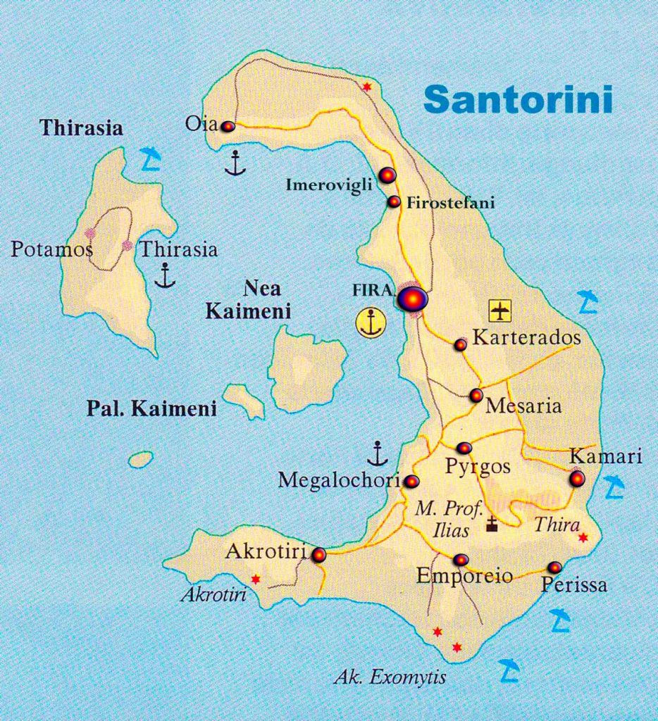 Maps of Santorini with detailed road map