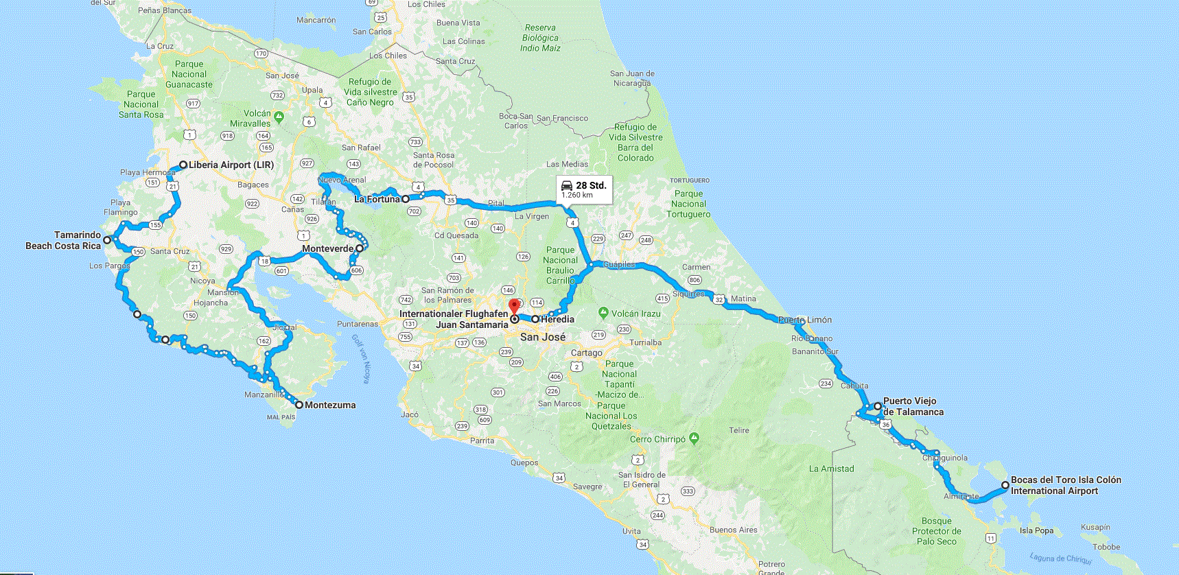 Costa Rica Die (vorläufige) Reiseroute In 80 Kneipen um die Welt