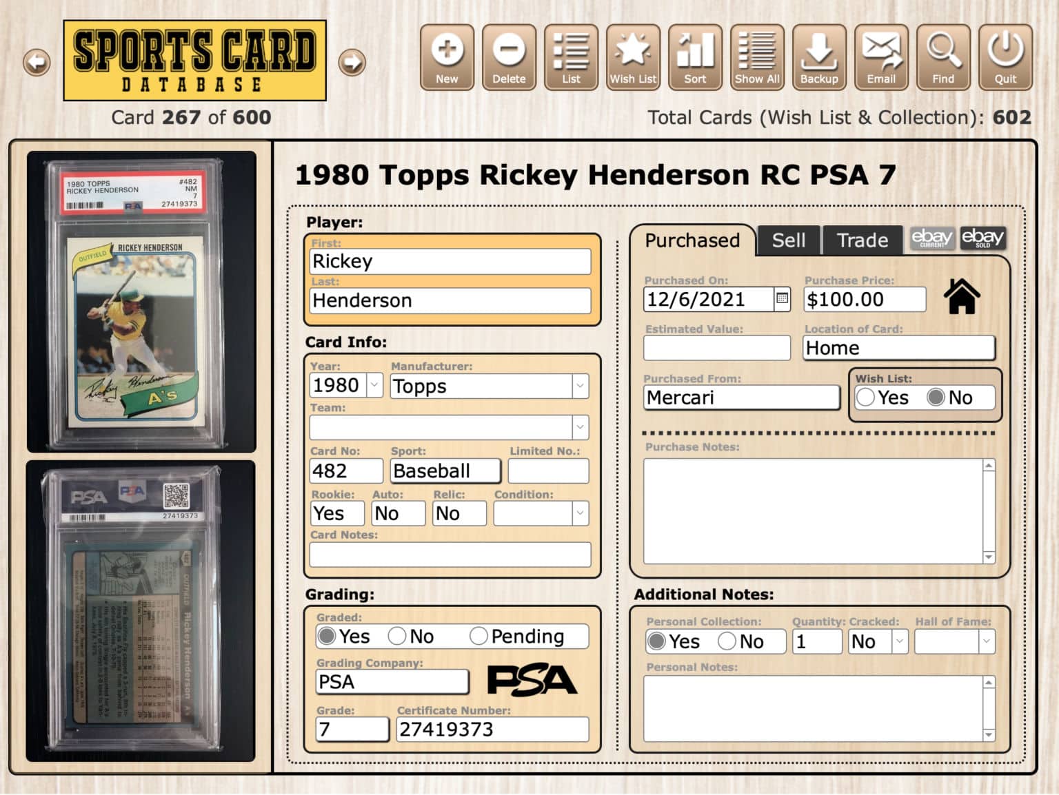 Sports Card Database Mac & Windows Software Organizer Application