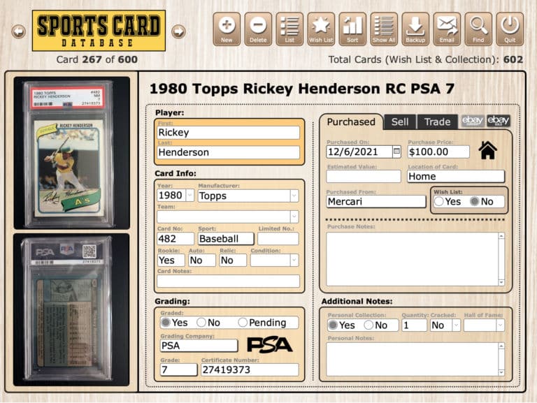 Sports Card Database Mac & Windows Software Organizer Application