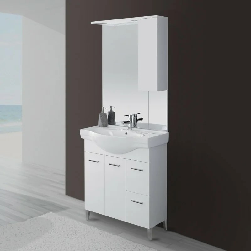 Mobile Bagno Bianco Lucido L. 82.5 cm con due ante, due cassetti e