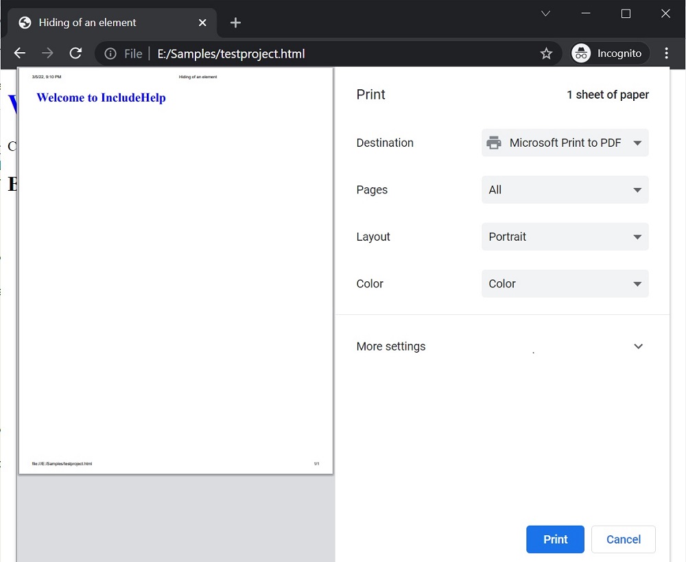 How do I hide an element when printing a web page?
