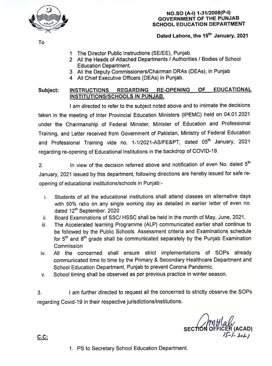 Punjab govt issues instructions for reopening schools INCPak