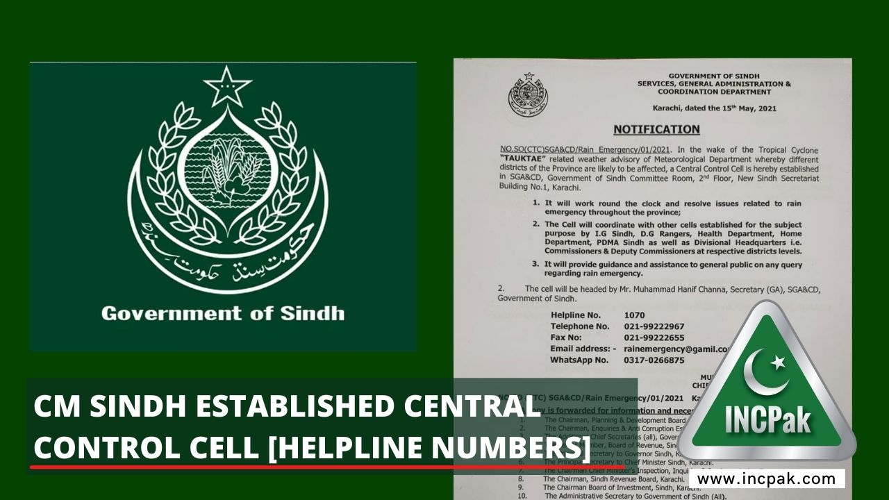 CM Sindh establishes Central Control Cell [Helpline Numbers] INCPak