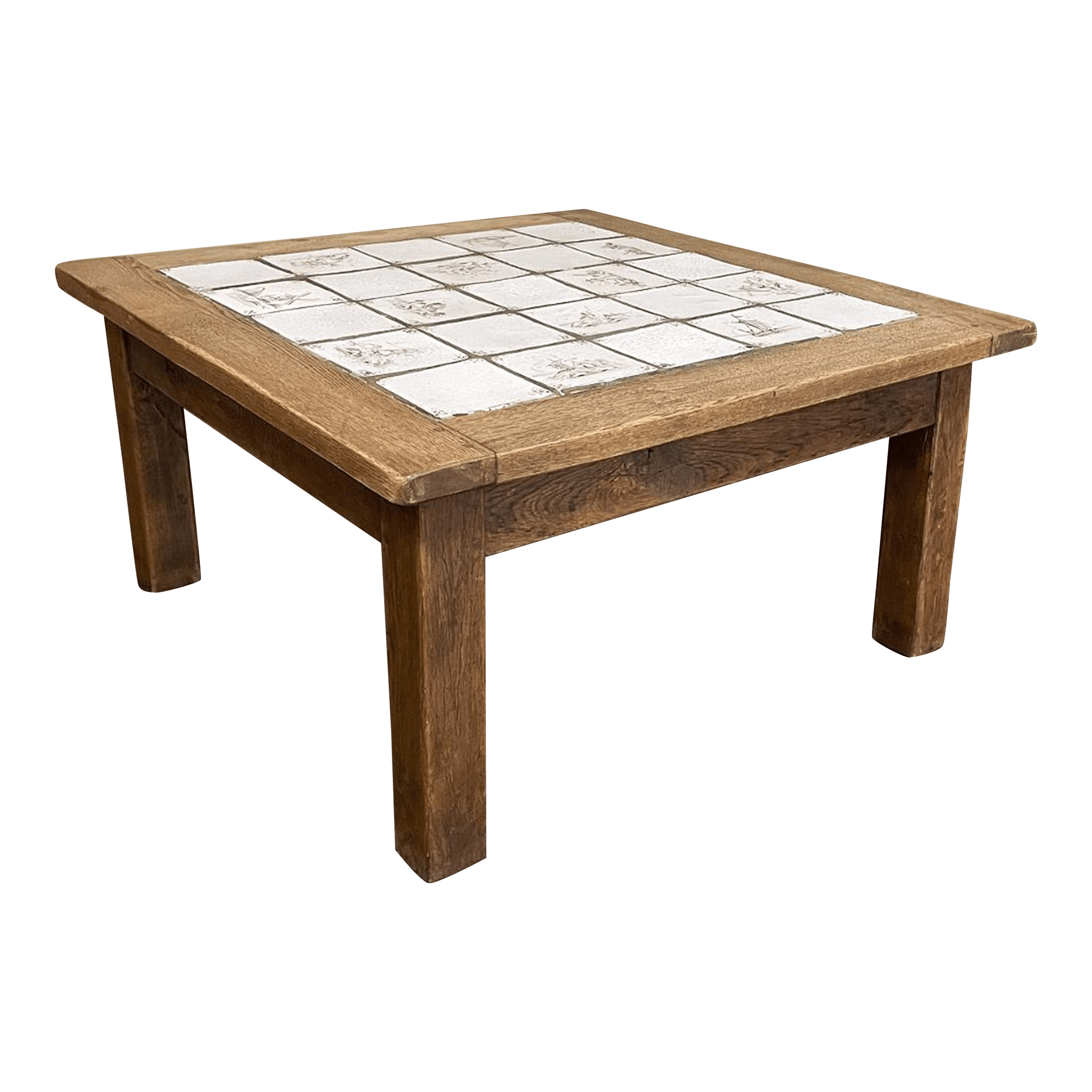 Rustic Antique Oak Coffee Table with HandPainted Delft Tiles