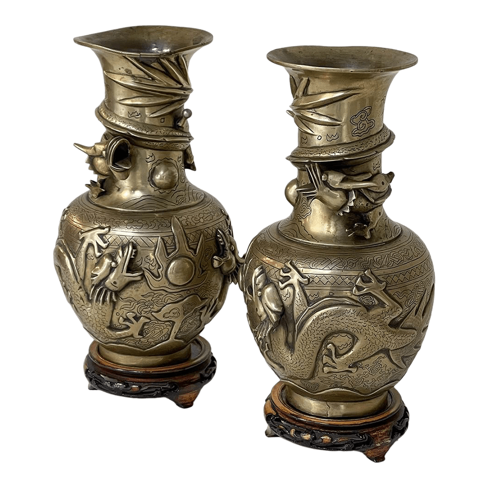 Pair Antique Japanese Bronze Vases on Wood Stands