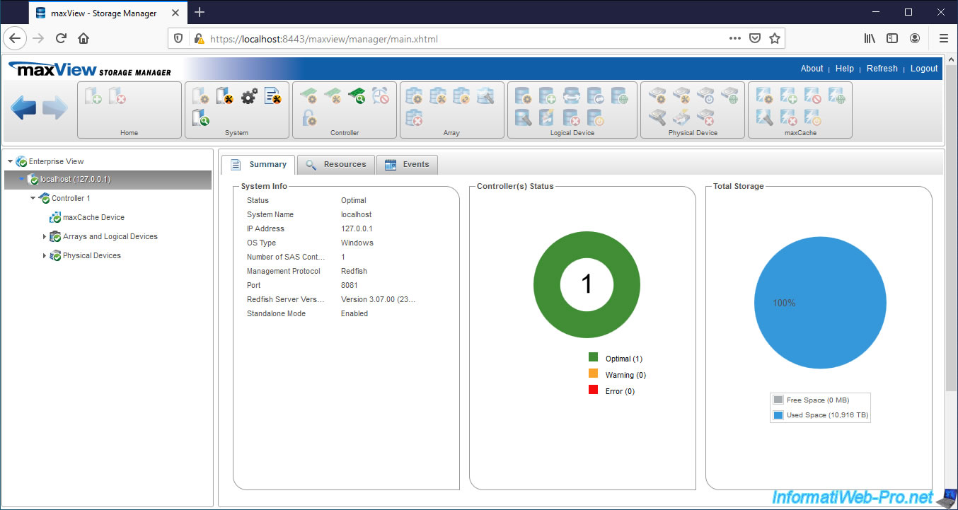 Presentation of the Microsemi Adaptec maxView Storage Manager v3 web interface RAID