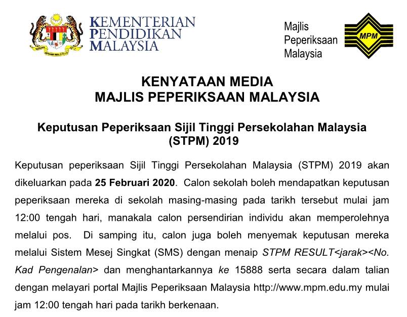 Semakan Keputusan STPM 2019 Online Dan SMS (Keseluruhan)
