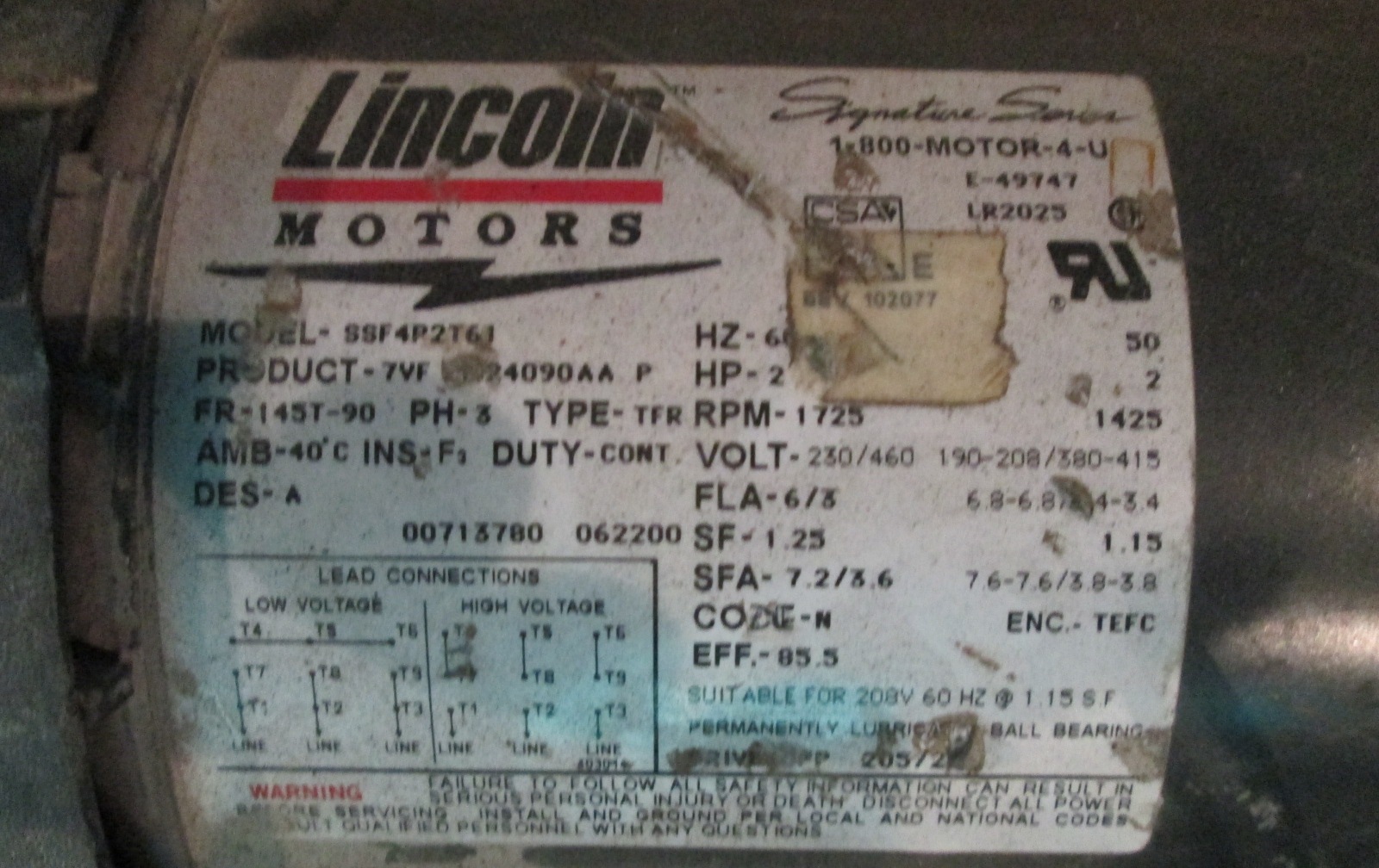 2 HP Lincoln Electric Motor, 1725 rpm, TEFC