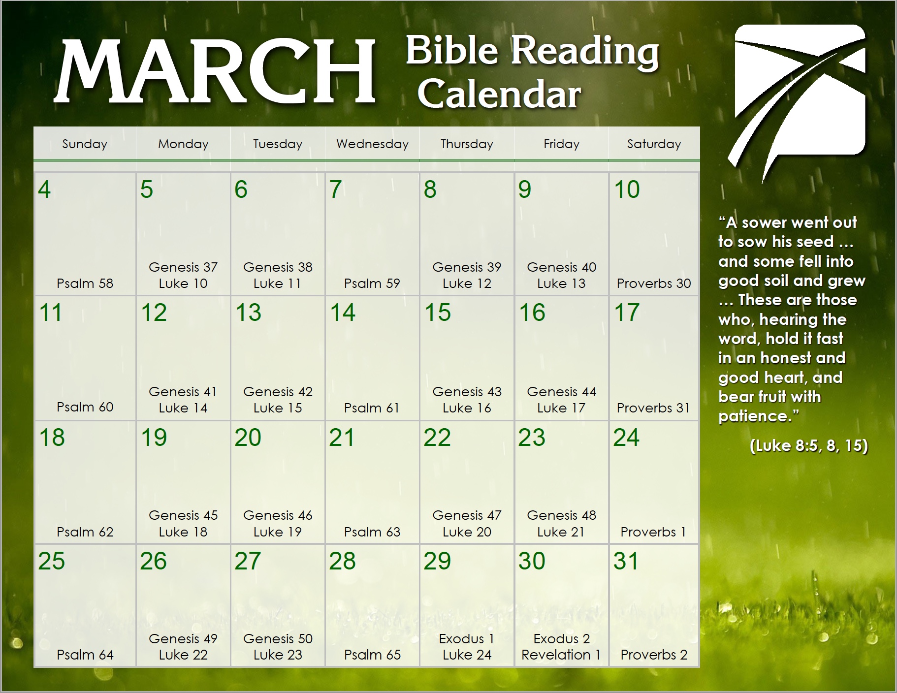 March 2018 Daily Bible Reading Calendar In God's Image