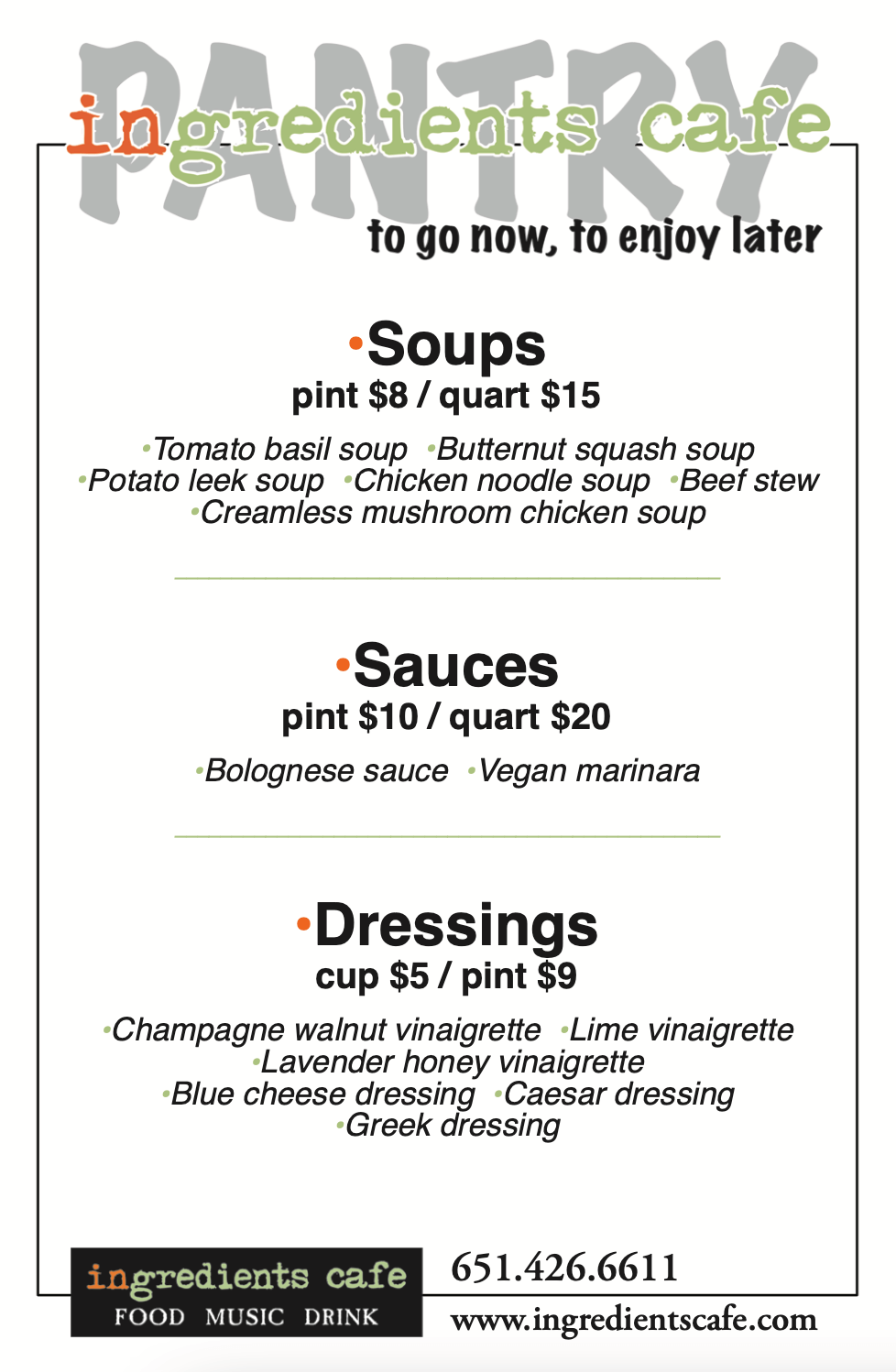 TakeOut Menus Ingredients Cafe