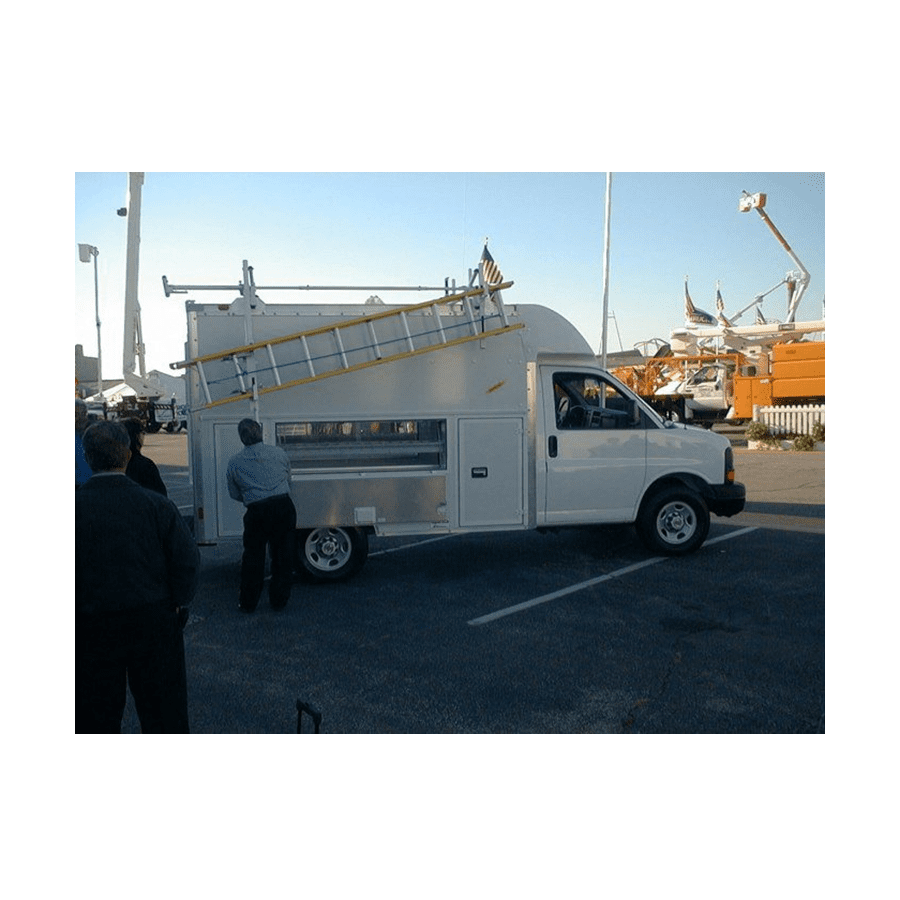 Prime Design Enclosed Utility Body Double Drop Down 3 Cross Ladder Rack