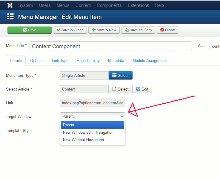 Target Window Settings in Joomla 3 InMotion Hosting