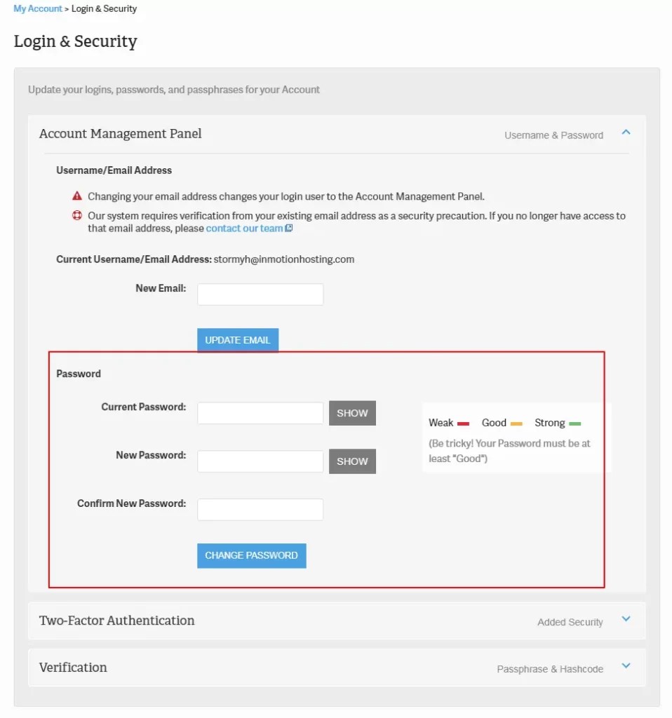 How to Change your AMP Password InMotion Hosting Account