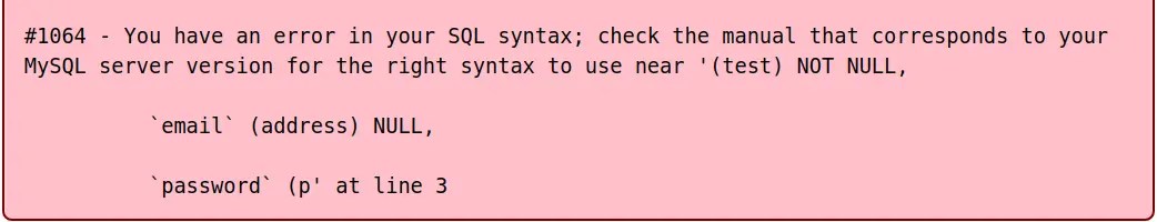 MySQL Error 1064 You have an error in your SQL syntax