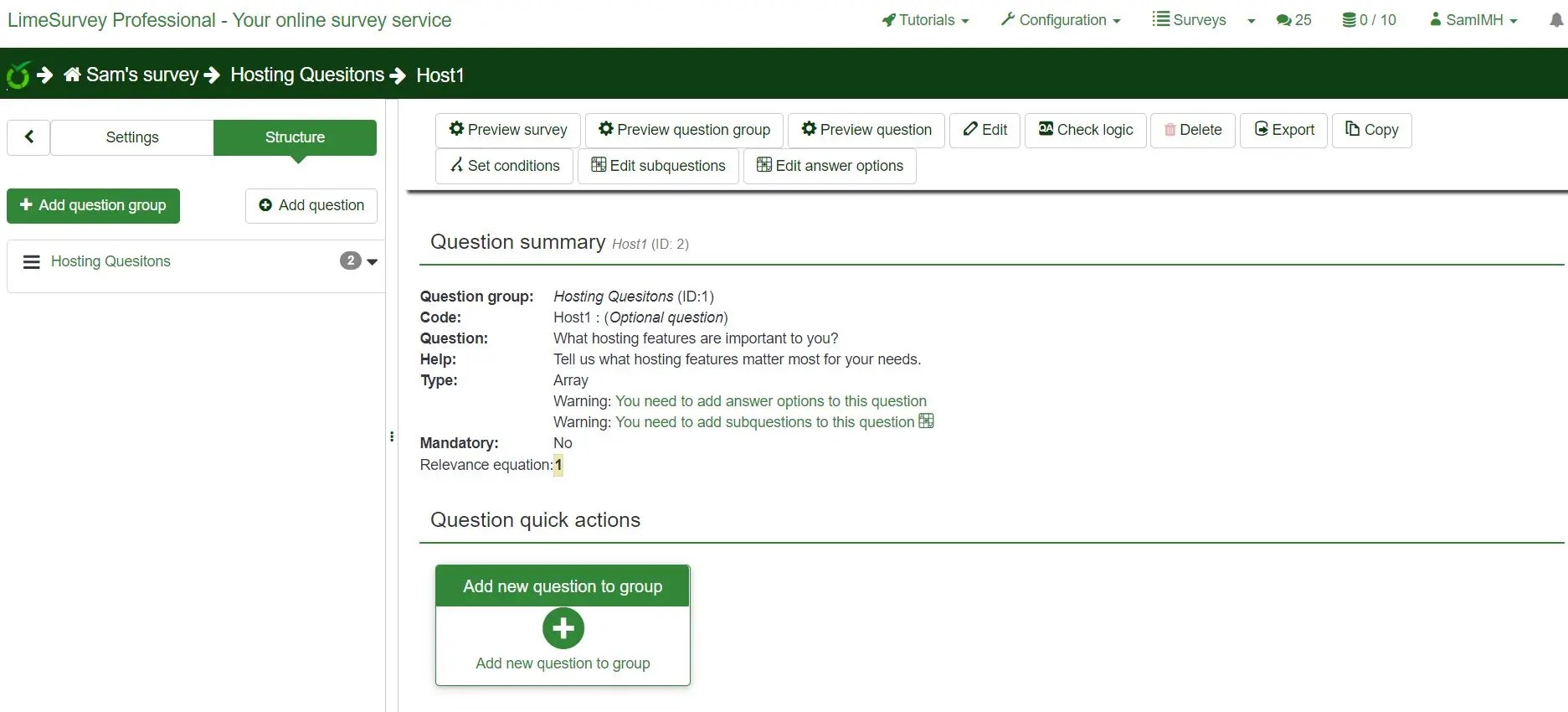 LimeSurvey Subquestions and Answers InMotion Hosting